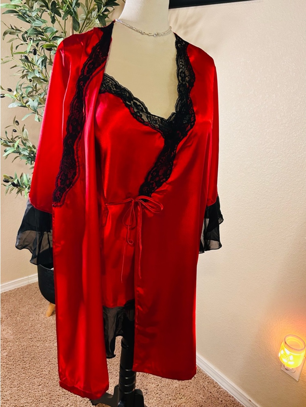 Secret Treasures Red Robe & Chamise Nightie Nightgown Satin~Black Lace Trim NWT